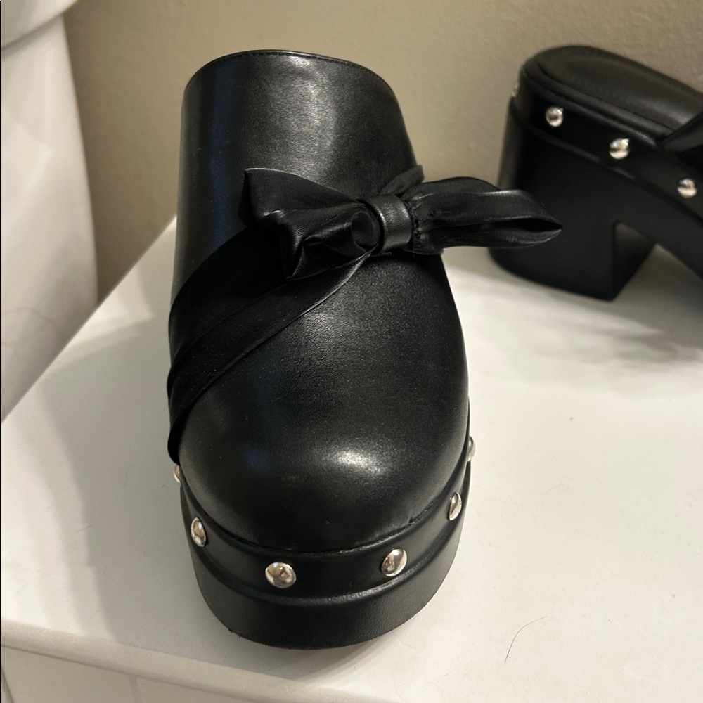 Black Studded Clogs with Bow Detail
